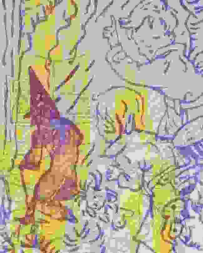 Painting of printed childhood images in purple and yellow.