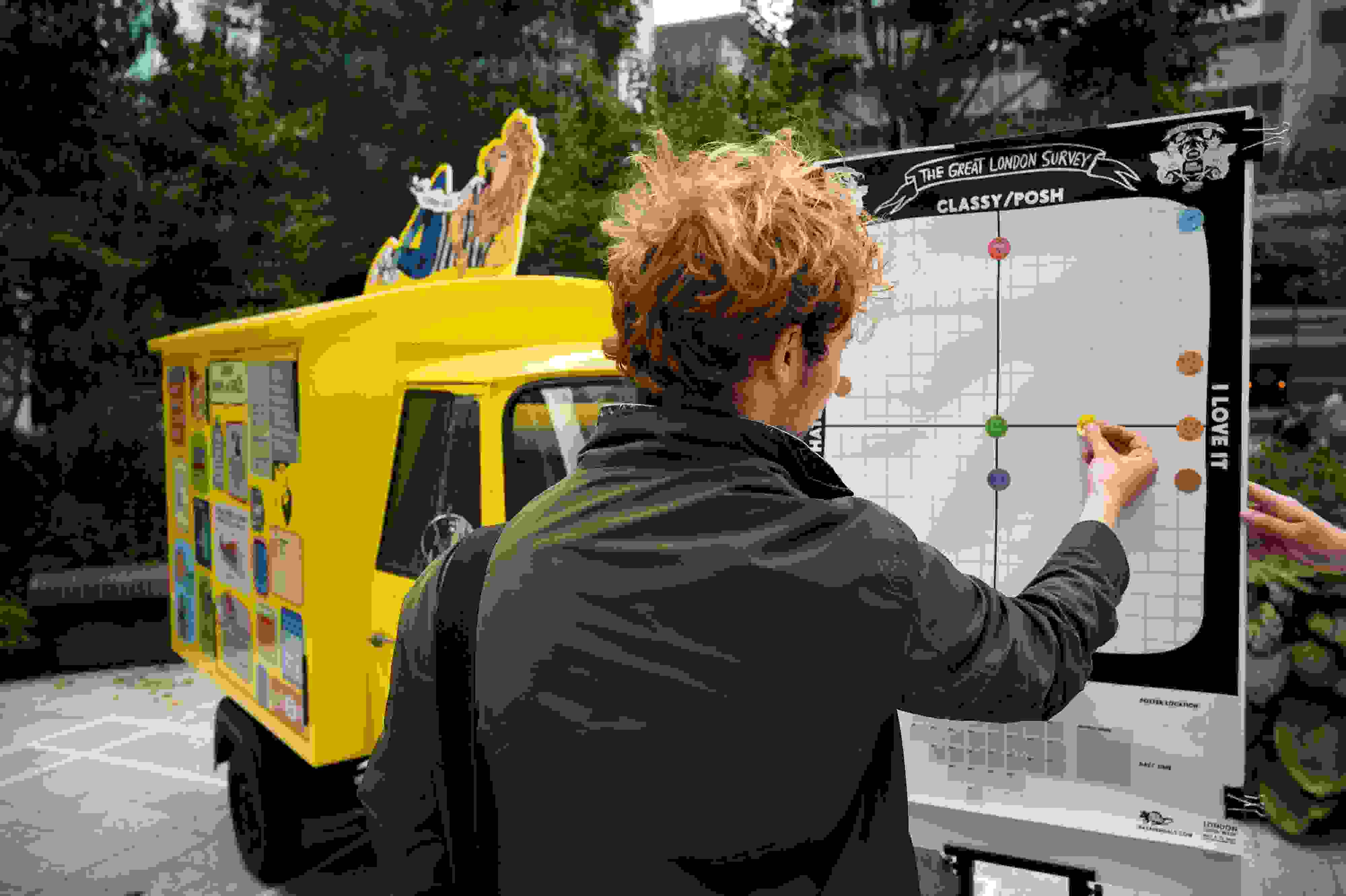Person with curly blonde hair in olive green jacket interacting with an outdoor data visualization survey board titled 'The Great London Survey - Classy/Posh.' The participant is placing colored dots on a grid-based chart while standing next to a bright yellow food truck or mobile unit. The interactive display appears to be collecting public opinion data in an urban park setting with modern buildings visible in the background.