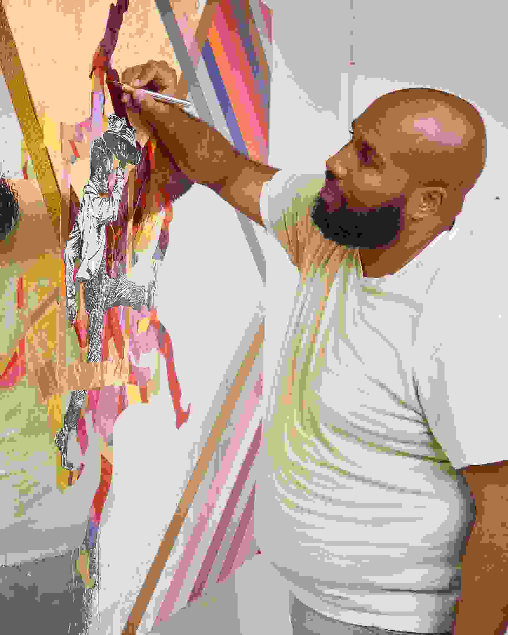 Student painting large mixed-media piece