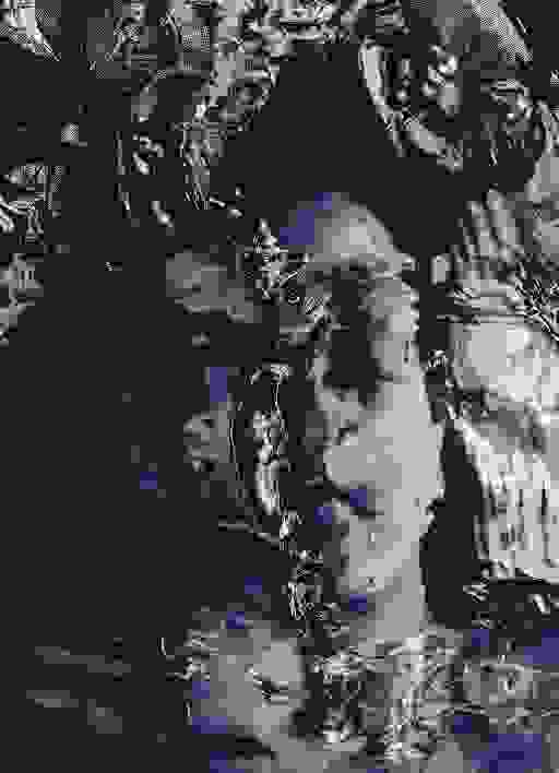 A blue-toned photograph of a face distorted by water.