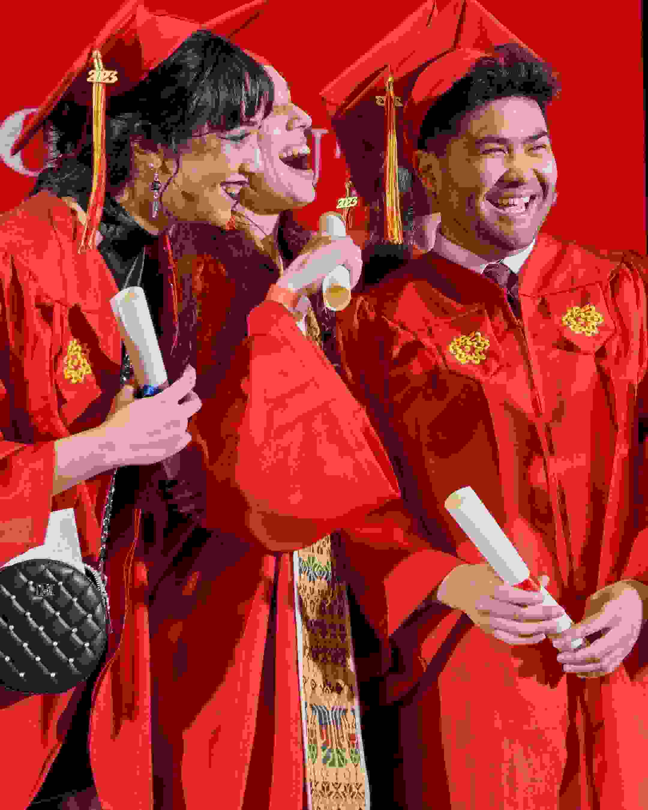 SVA graduating students in red caps and gowns, some holding flowers, smiling and posing for photos inside Radio City Music Hall in New York.