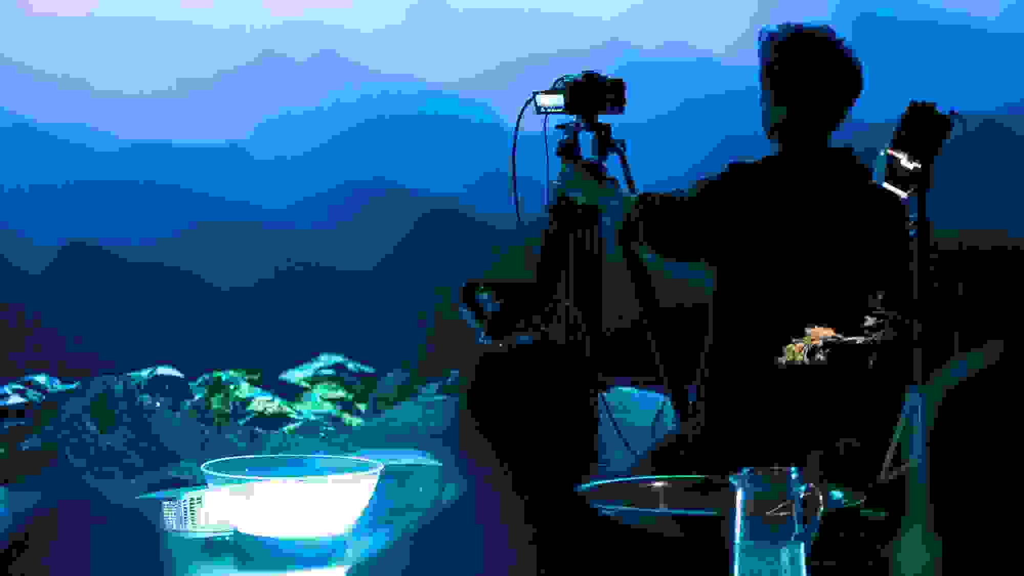  Image of a person pointing a recording camera on a tripod towards a wall with a projected image of what looks like a mountain range.
