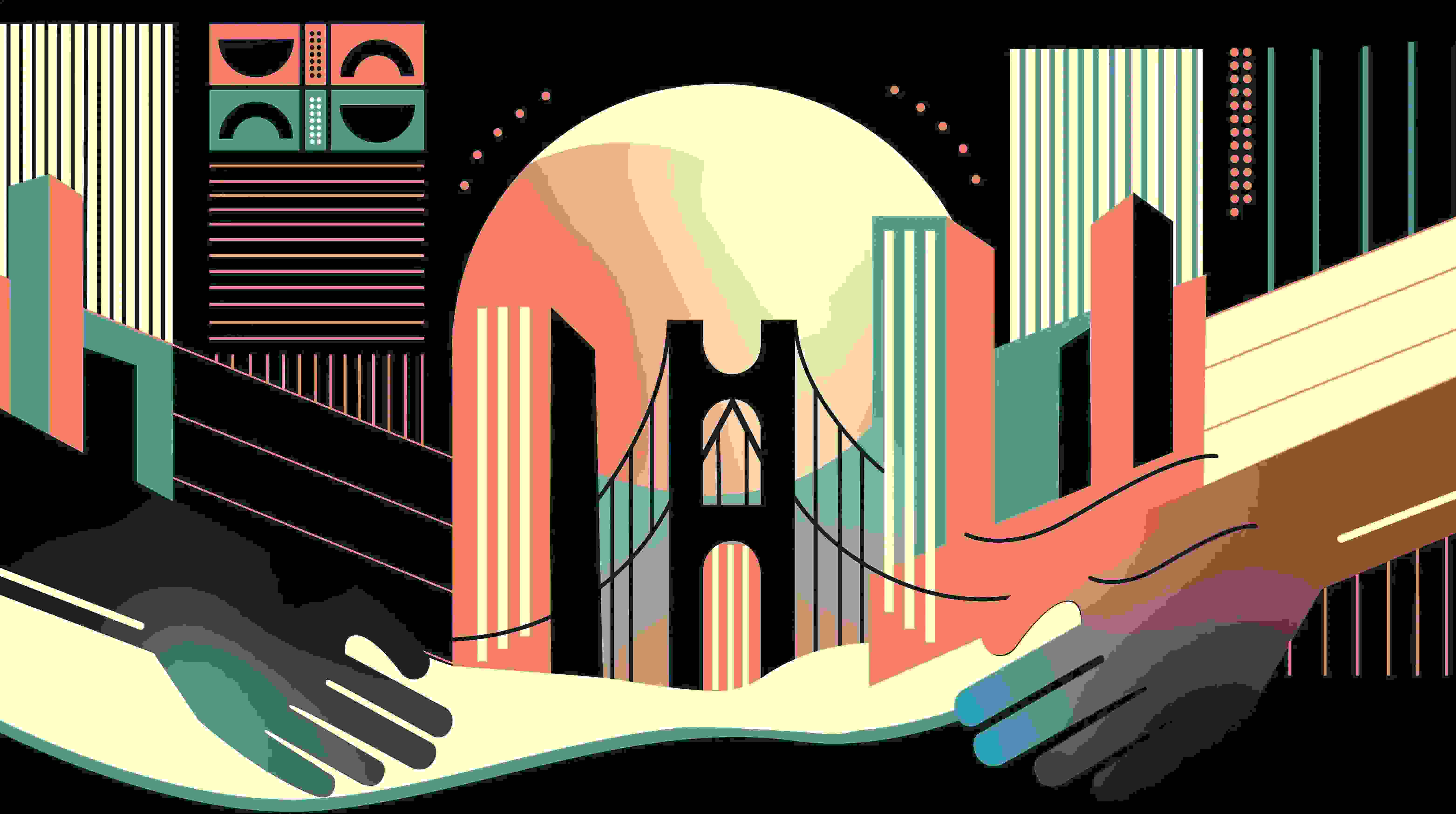 an illustration of two hands outstretched towards the williamsburg bridge in a dark palette with blocky black, blue and peach toned outlines