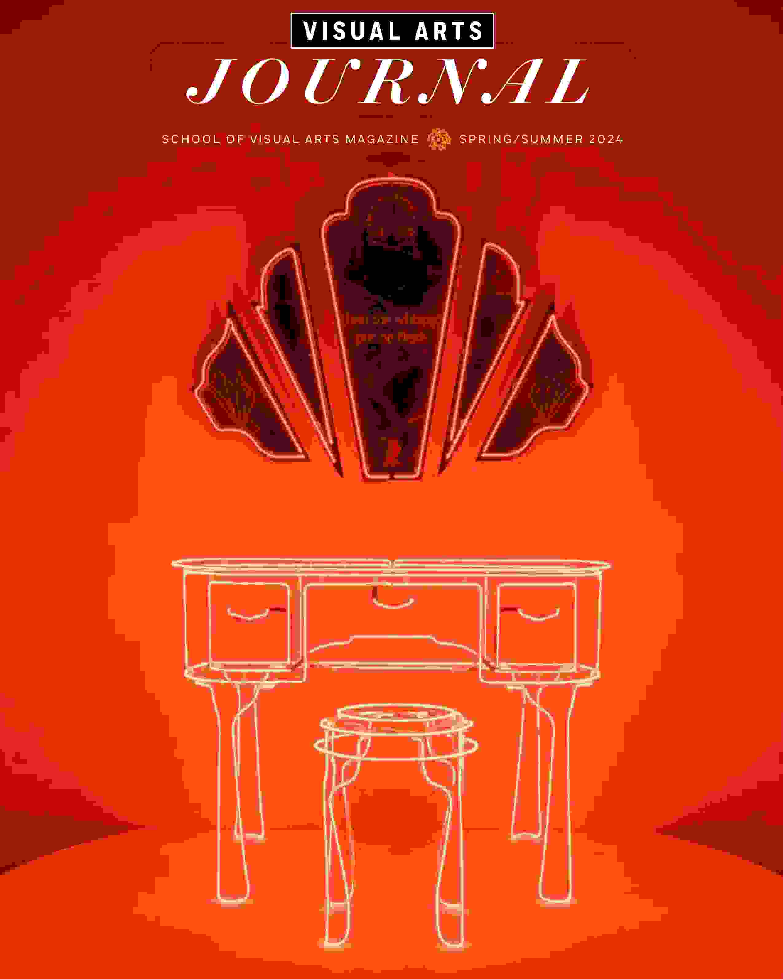 A magazine cover featuring a photograph of a neon and mirror sculpture. The neon has been sculpted to take the forms of a stool and a vanity table.