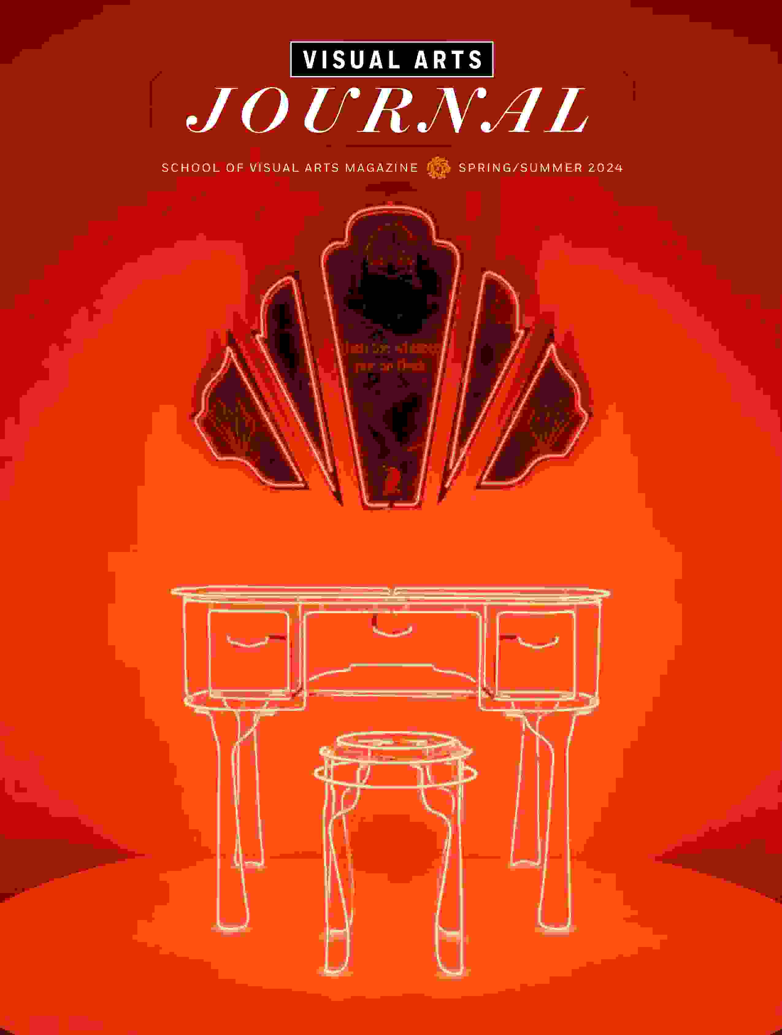 A magazine cover featuring a photograph of a neon and mirror sculpture. The neon has been sculpted to take the forms of a stool and a vanity table.
