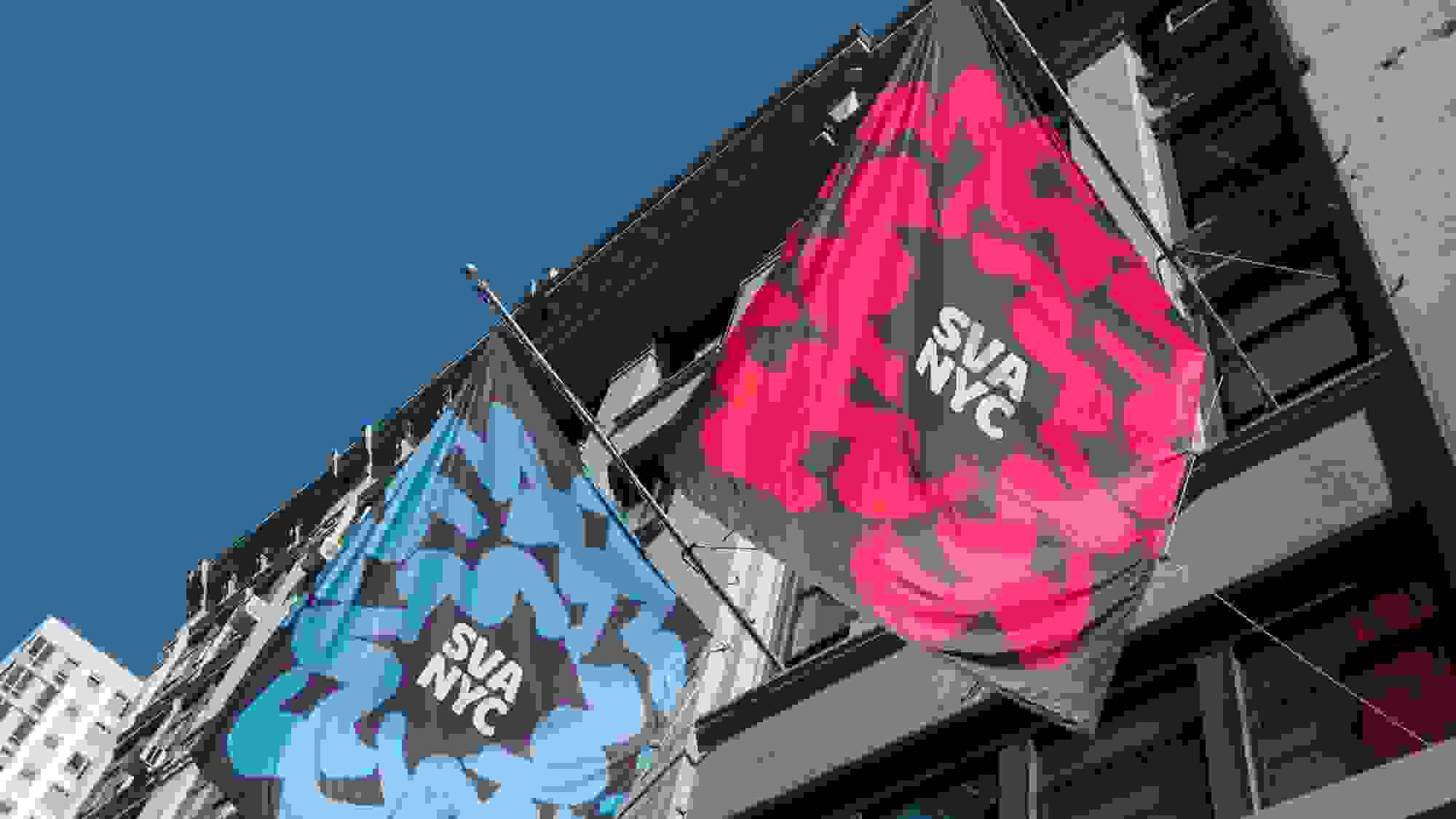 Blue and red SVA banner flags hanging outside