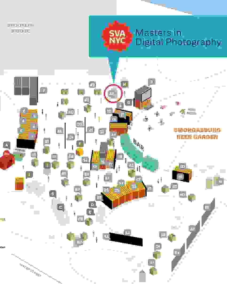 A map of the Photoville campus at the Brooklyn Bridge Park. SVA Masters in Digital Photography is located at No. 45, toward the northeast end of the campus, at the foot of the Brooklyn Bridge.