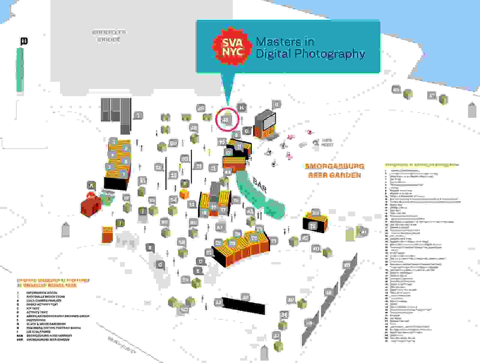 A map of the Photoville campus at the Brooklyn Bridge Park. SVA Masters in Digital Photography is located at No. 45, toward the northeast end of the campus, at the foot of the Brooklyn Bridge.