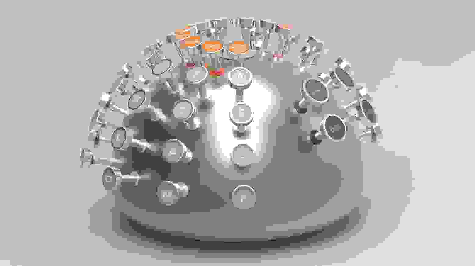 Photorealistic image of a hemispherical dome which has typewriter keys protruding from its surface like a porcupine, resting on a nondescript gray surface.
