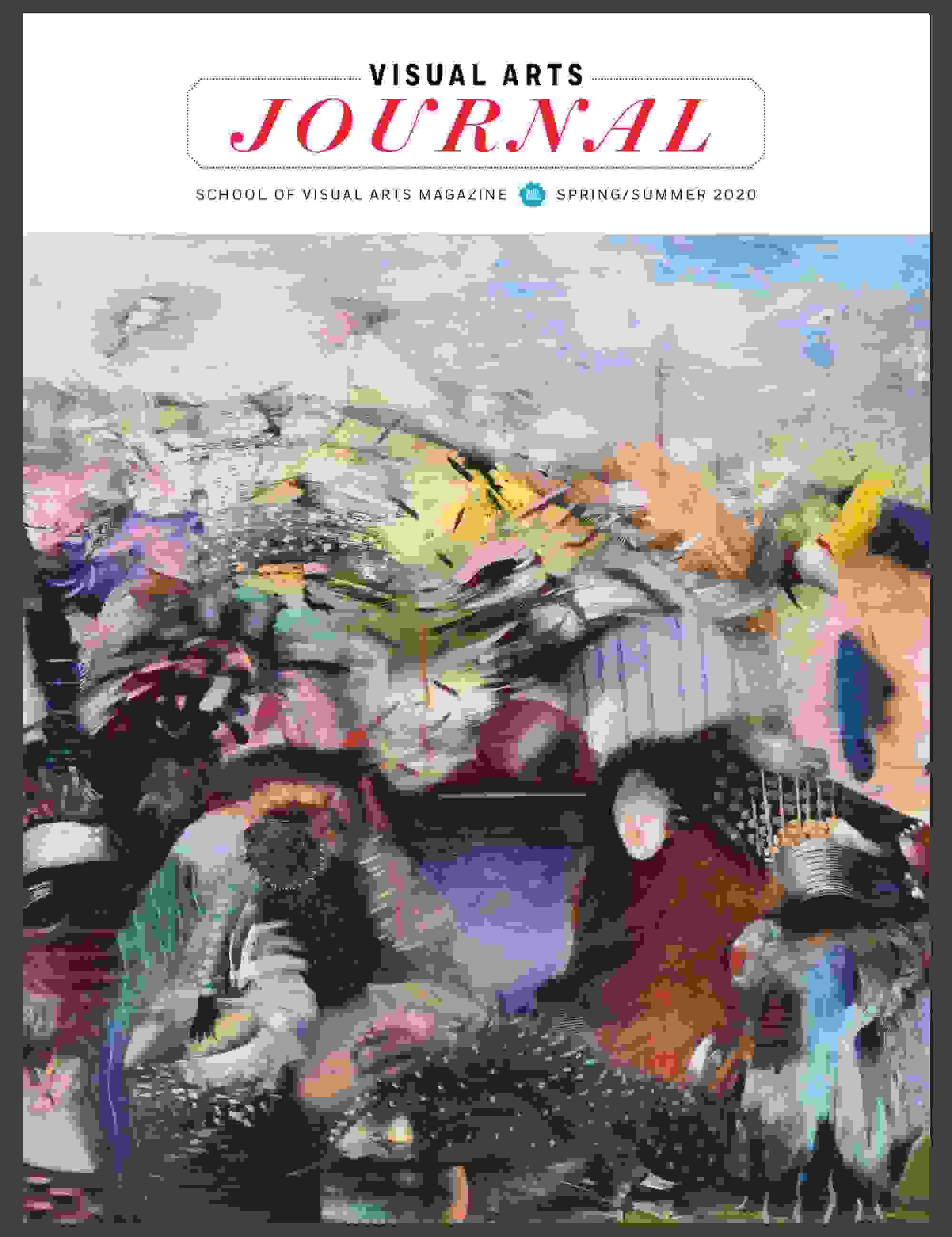 A magazine cover featuring a semi-abstract color painting of many obscure figures gathered together in what appears to be a field, under a blue sky.
