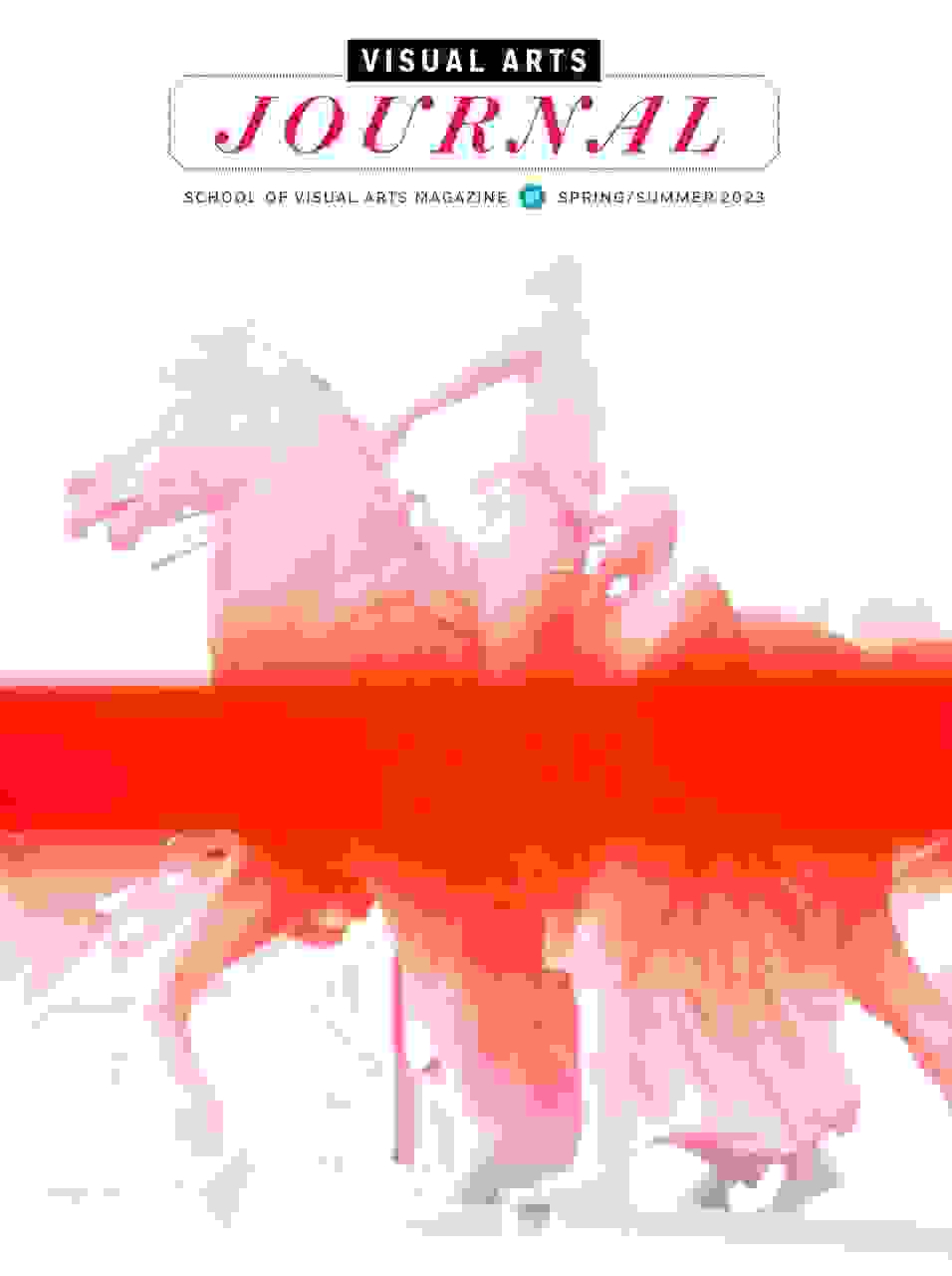 The cover of the spring/summer 2023 Visual Arts Journal magazine, featuring a silkscreen image of a statue of people and a horse that has been bisected and partly obscured by a thick band of red.