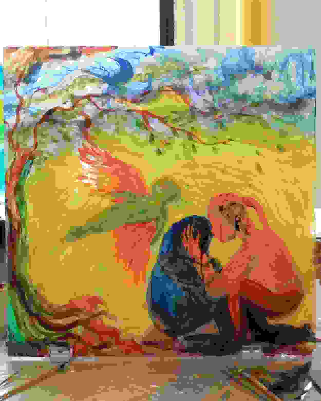 a square plexiglass painting of two figures embracing and an angel figure with tree; two students on the side of the painting with their backs turned away from camera