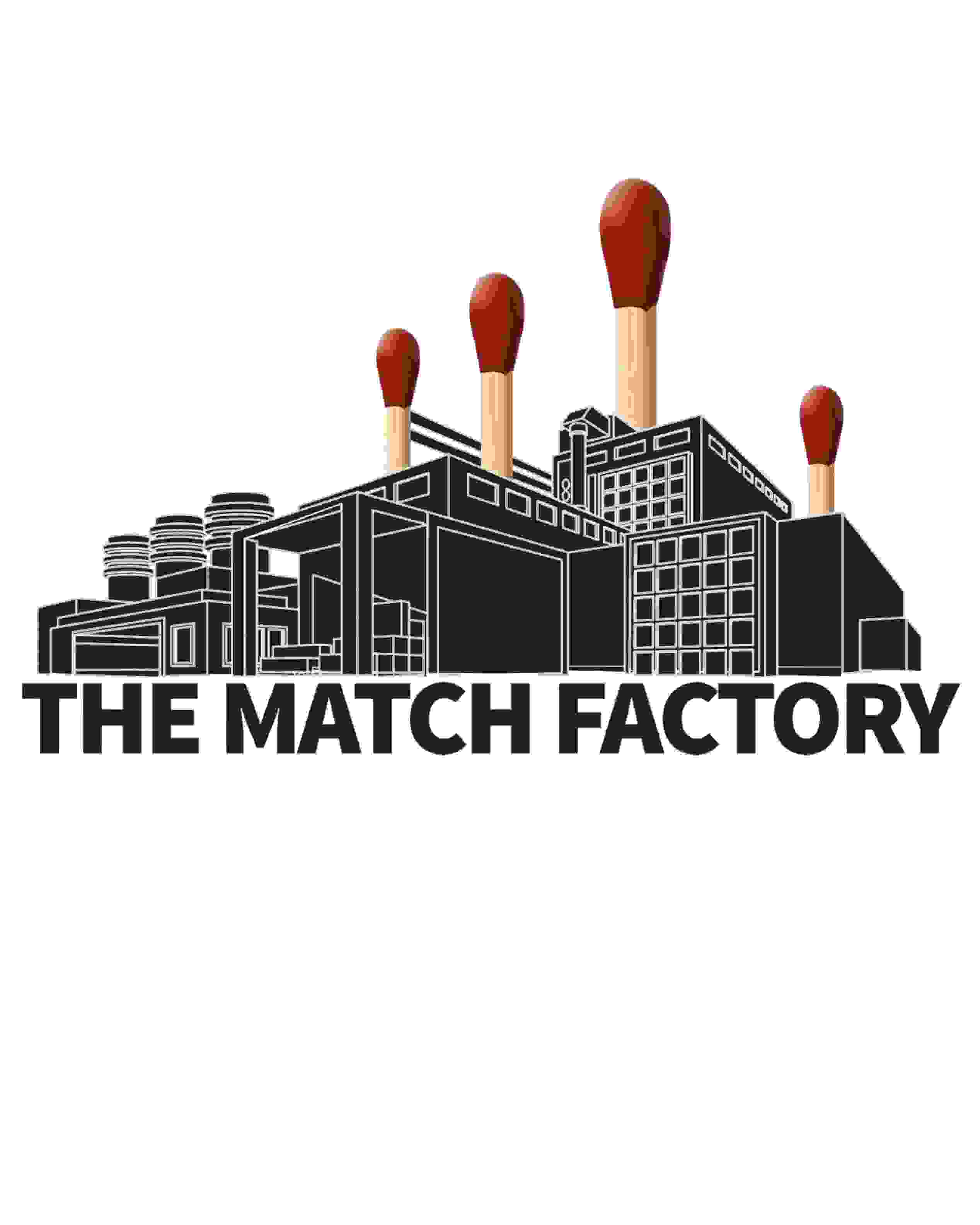 Logo of a factory building with vertical match-like protrusions jutting out of the buildings roof