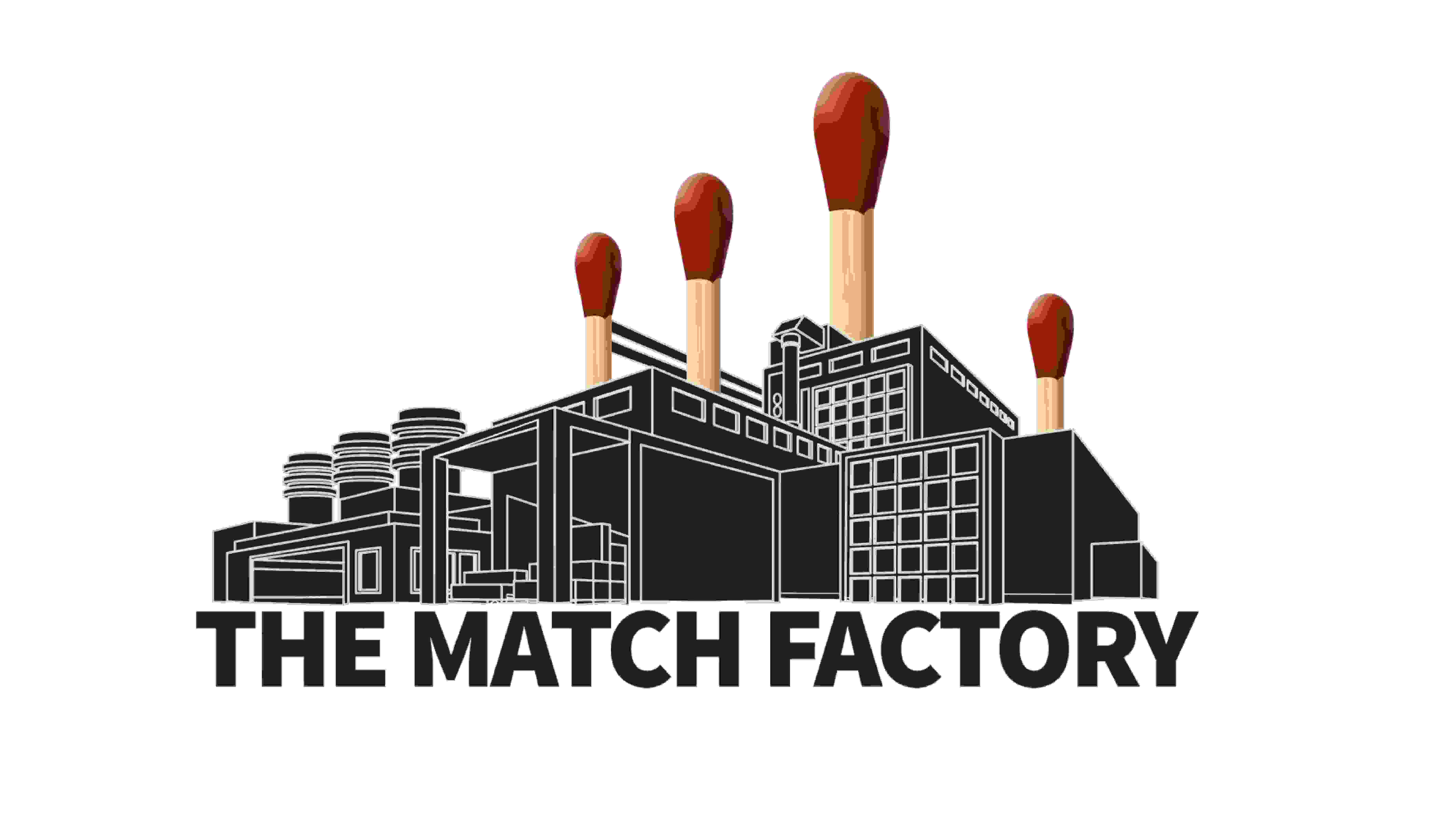 Logo of a factory building with vertical match-like protrusions jutting out of the buildings roof