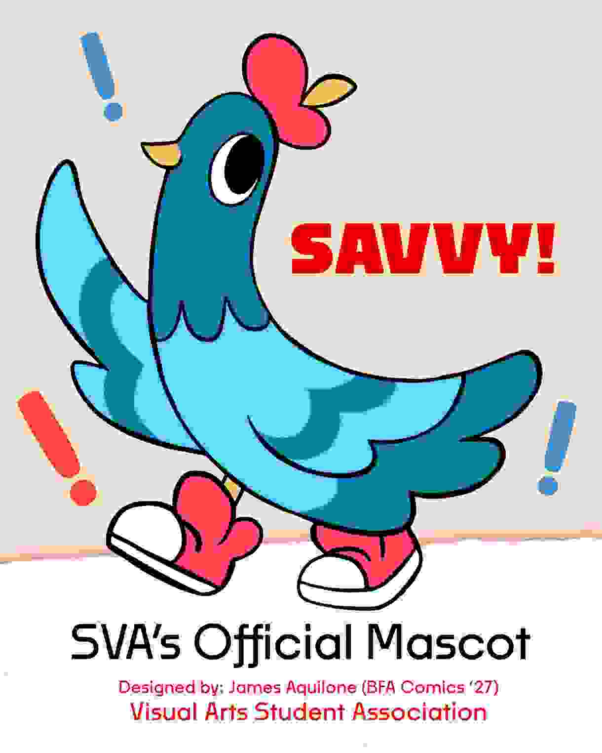 A drawing of a blue pigeon with red sneakers and a beret resembling an apple.