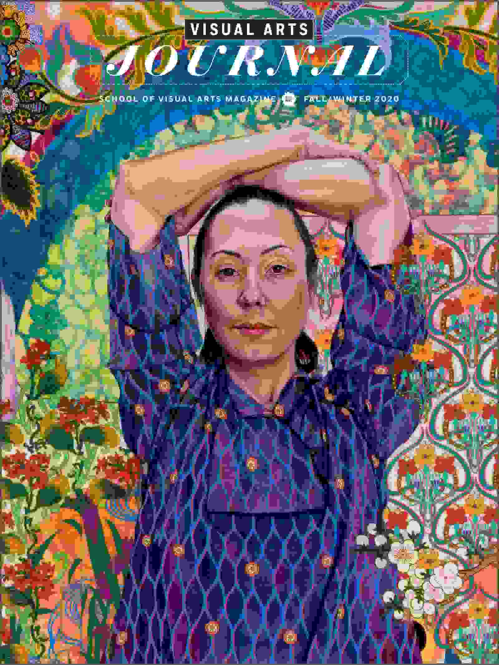 A magazine cover featuring a realistic portrait painting of a woman facing the viewer, with her arms crossed over her head. The background features several colorful motifs.