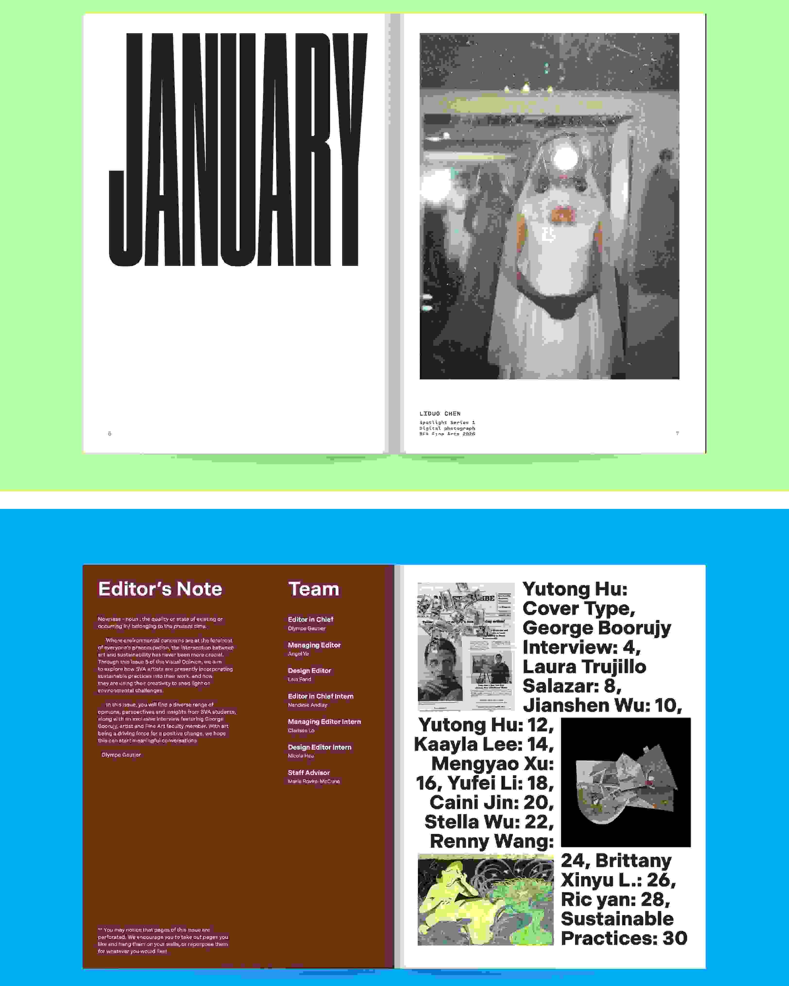 Composite collage of page layouts from a student-run creative journal called Visual Opinion