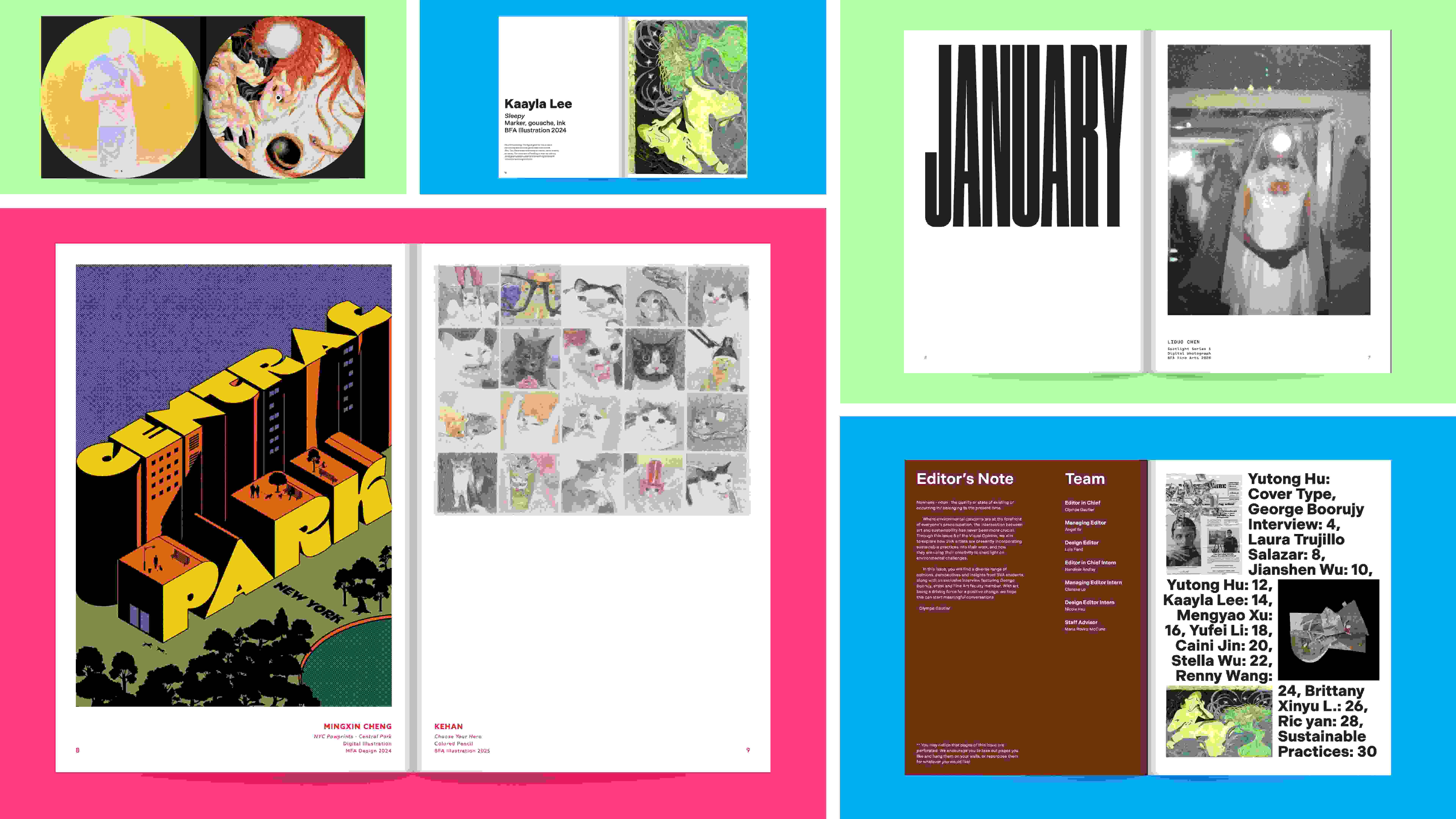 Composite collage of page layouts from a student-run creative journal called Visual Opinion