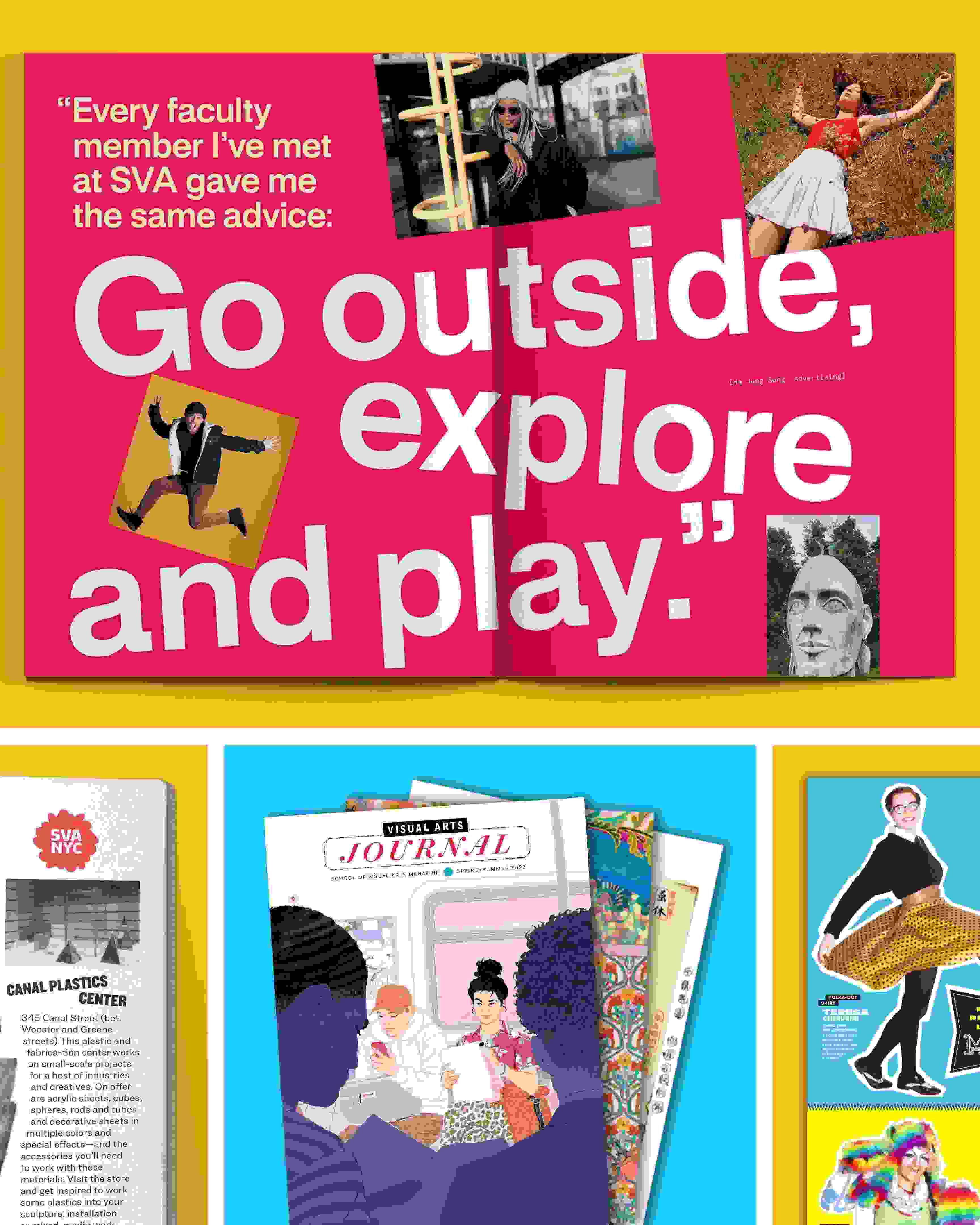 Six tiles containing layouts from printed materials, including catalogs, books and journals, produced by Visual Arts Press