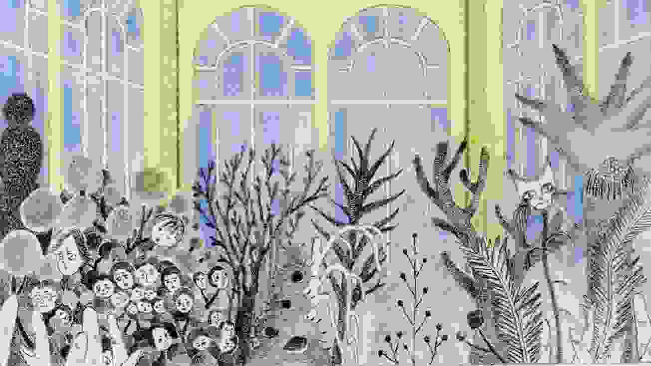 Plants and the family tree in the cabinet grow in the greenhouse during the evening.