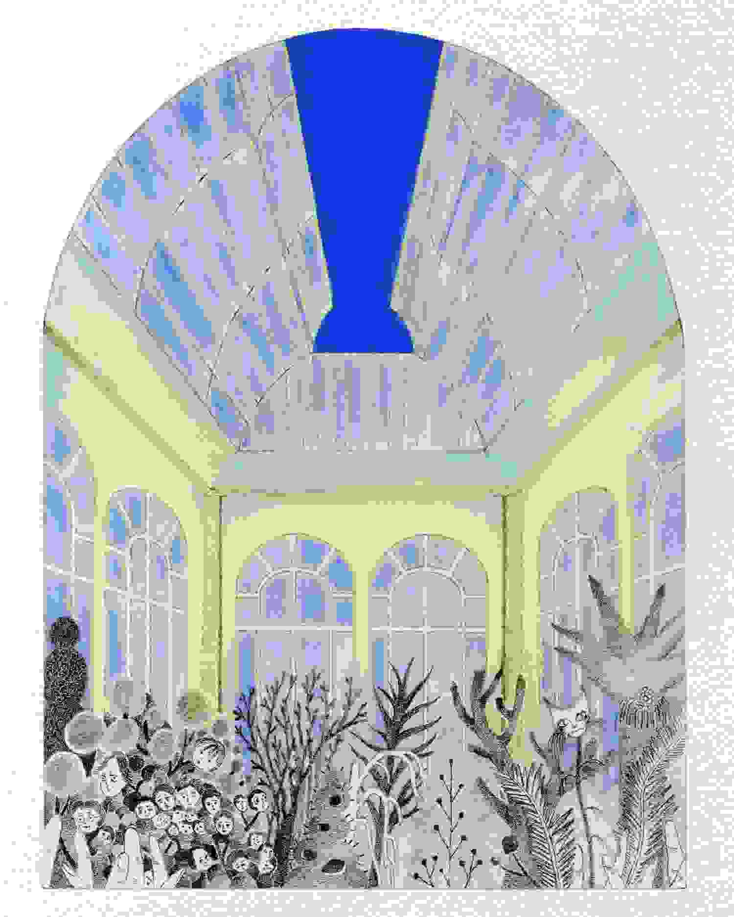 Plants and the family tree in the cabinet grow in the greenhouse during the evening.