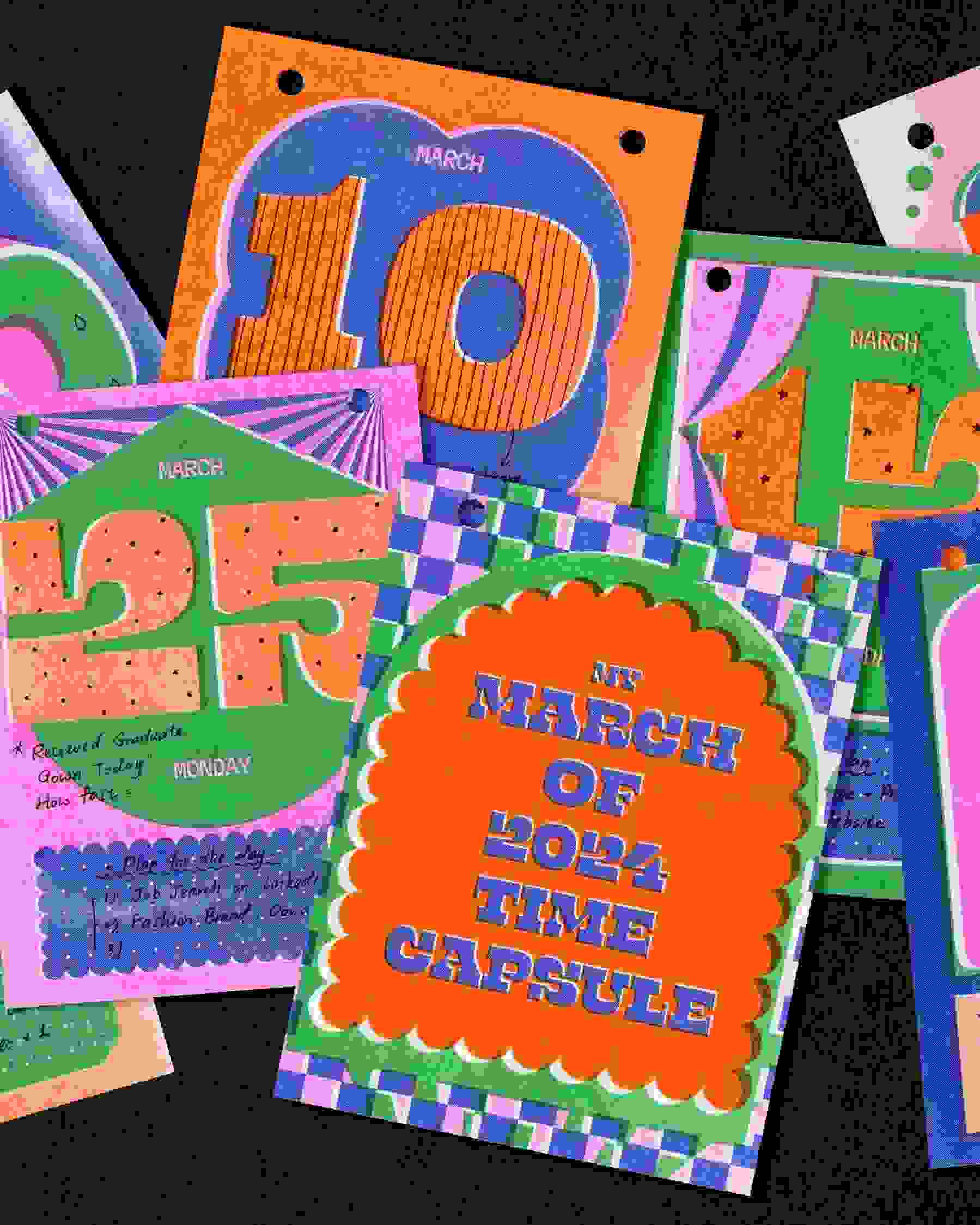 Flat lay of various colorful calendar cards with a puffy type treatment—each sheet has a different month and day in 2024