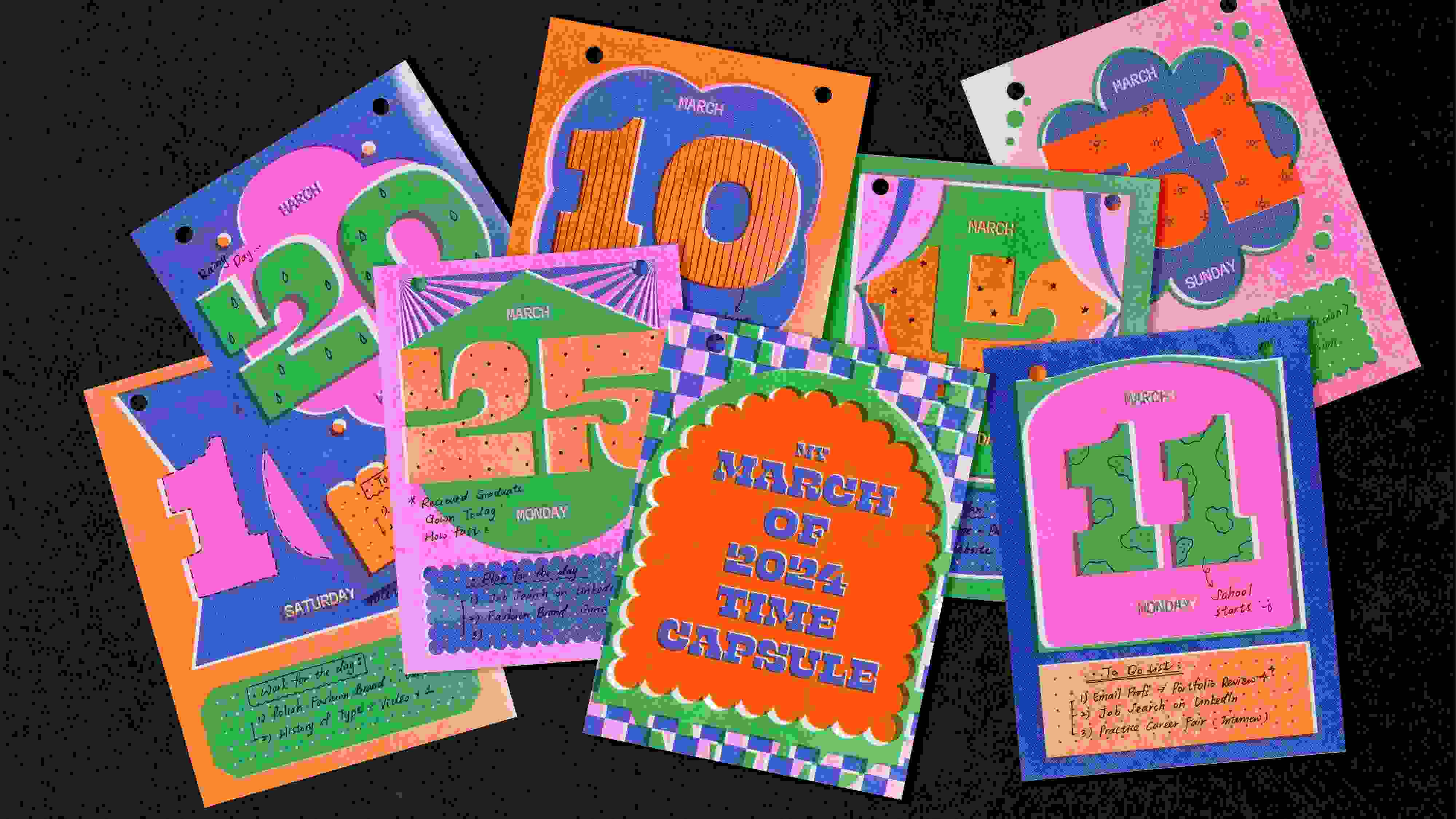 Flat lay of various colorful calendar cards with a puffy type treatment—each sheet has a different month and day in 2024
