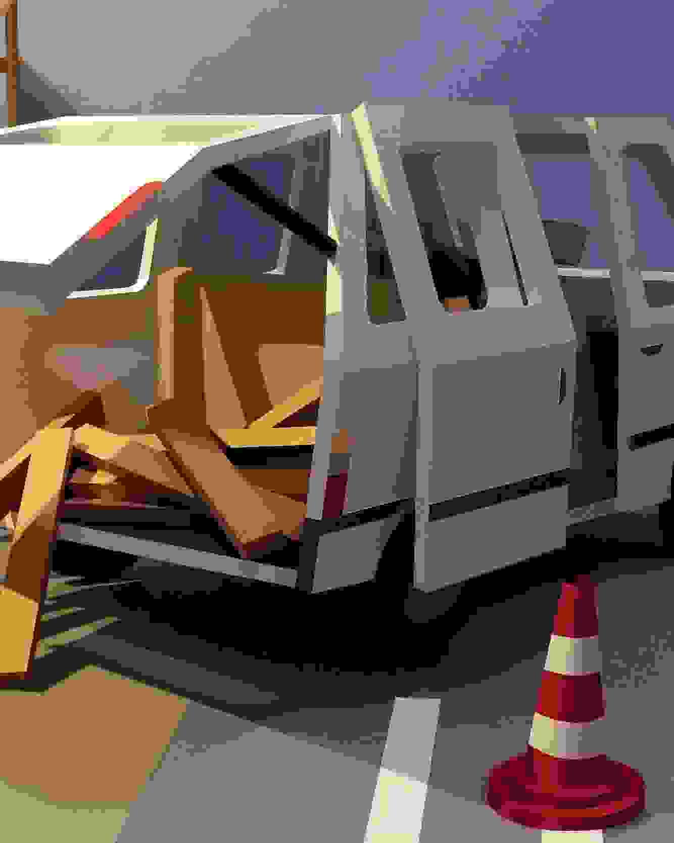 a white van on a street, with an open trunk and lumber spilling from the back. The entire scene is made of paper.