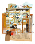 An image done in gouache with some collaged printed pages towards the bottom of the page shows a group of pigeons in different colors perched on several levels of a pigeon coup.