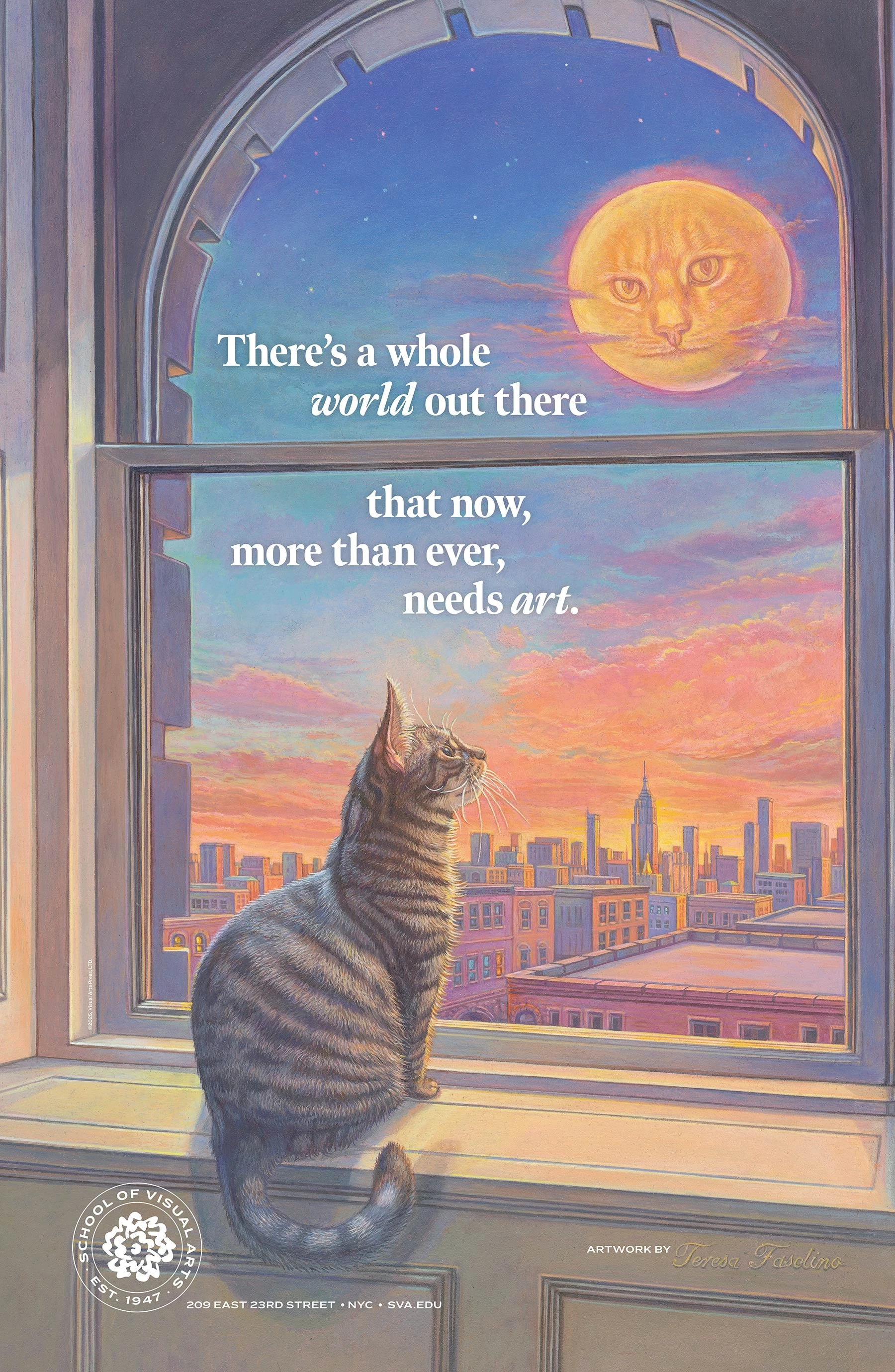  A cat gazes out a window, captivated by the bright moon in the night sky.