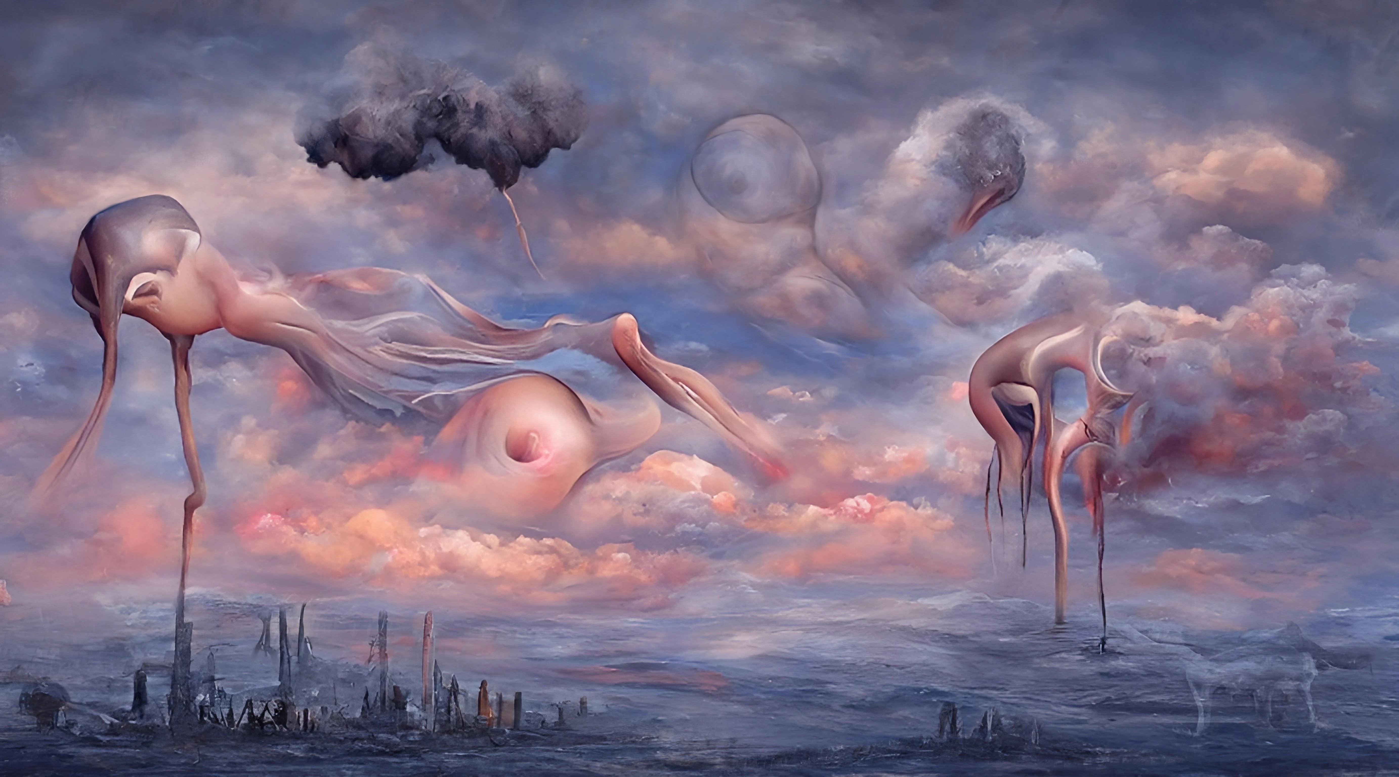 A painting of an otherworldly cityscape with figures in pink and blue clouds.