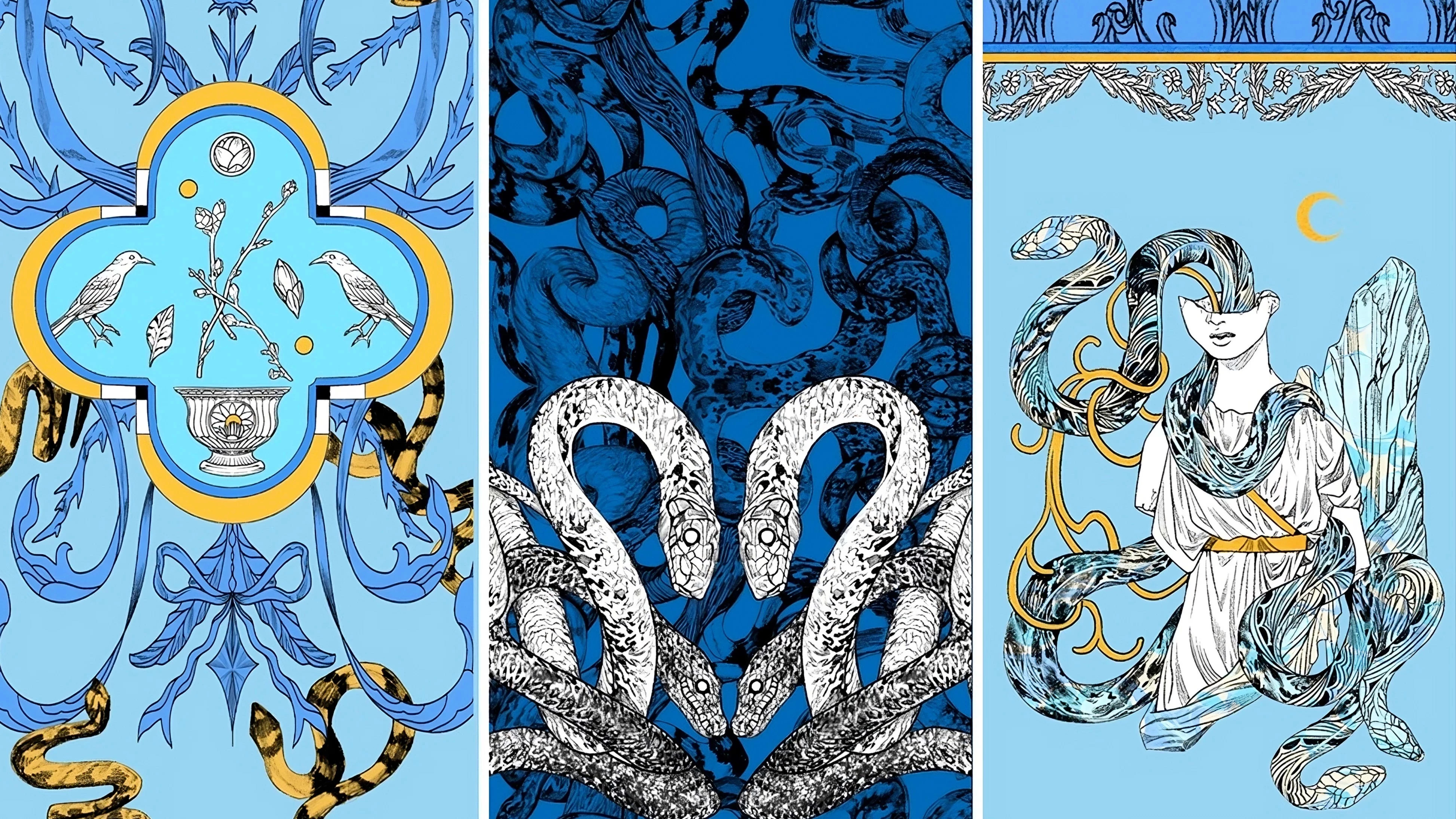 Three  unique blue and white scarf designs, highlighting diverse patterns and artistic elements in a cohesive display.