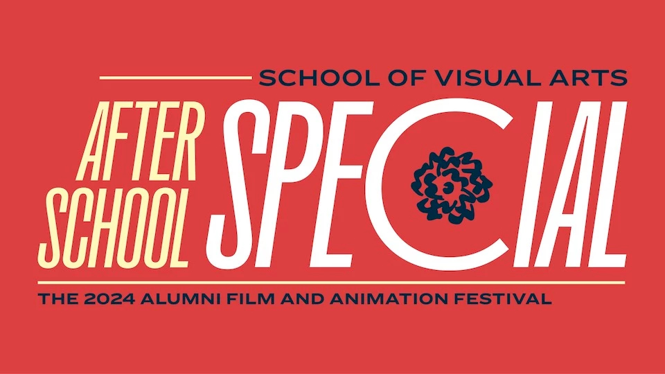 A red image with yellow text on it that reads "After School" and white text that reads "special" with the SVA flower logo in the "C"