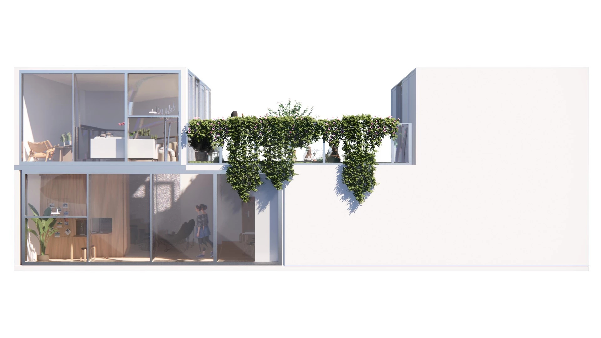 Architectural rendering of a residential facade featuring floor to ceiling windows and climbing ivy.