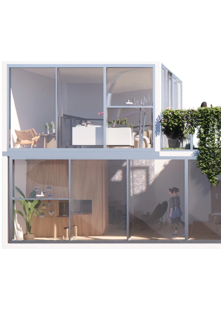 Architectural rendering of a residential facade featuring floor to ceiling windows and climbing ivy.