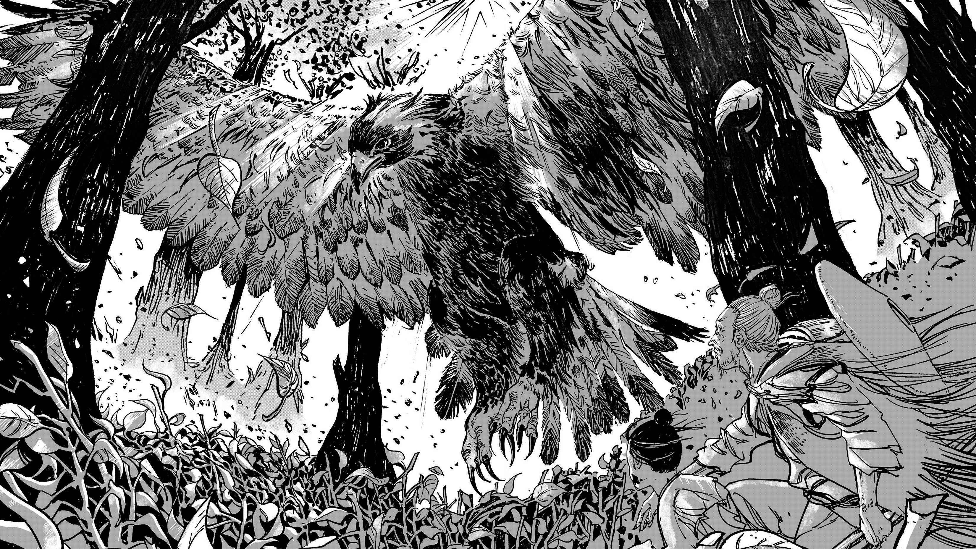 Black and white highly detailed drawing of a bird flying with its wings spread out in a forest.