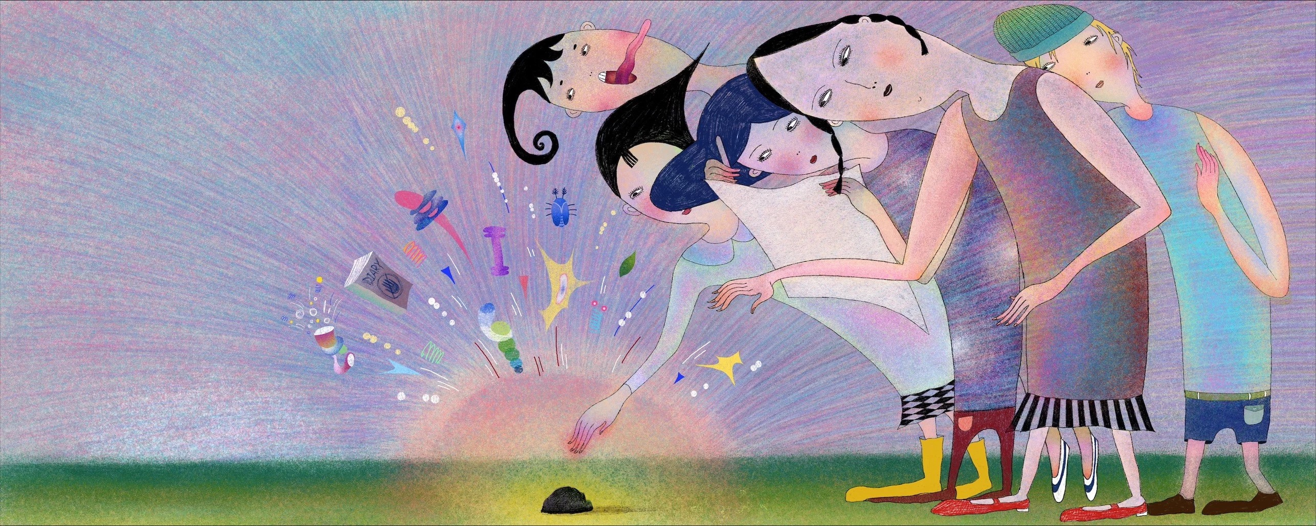Five figures standing close together outside staring at a rock on the ground that has colorful objects (a diary, a bug, a cup) bouncing up in the air from it.