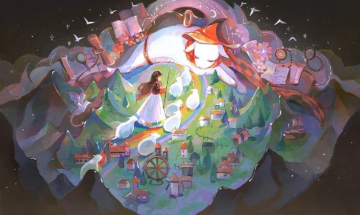 Large sheep wearing hat laying in colorful landscape with girl walking with small sheep.