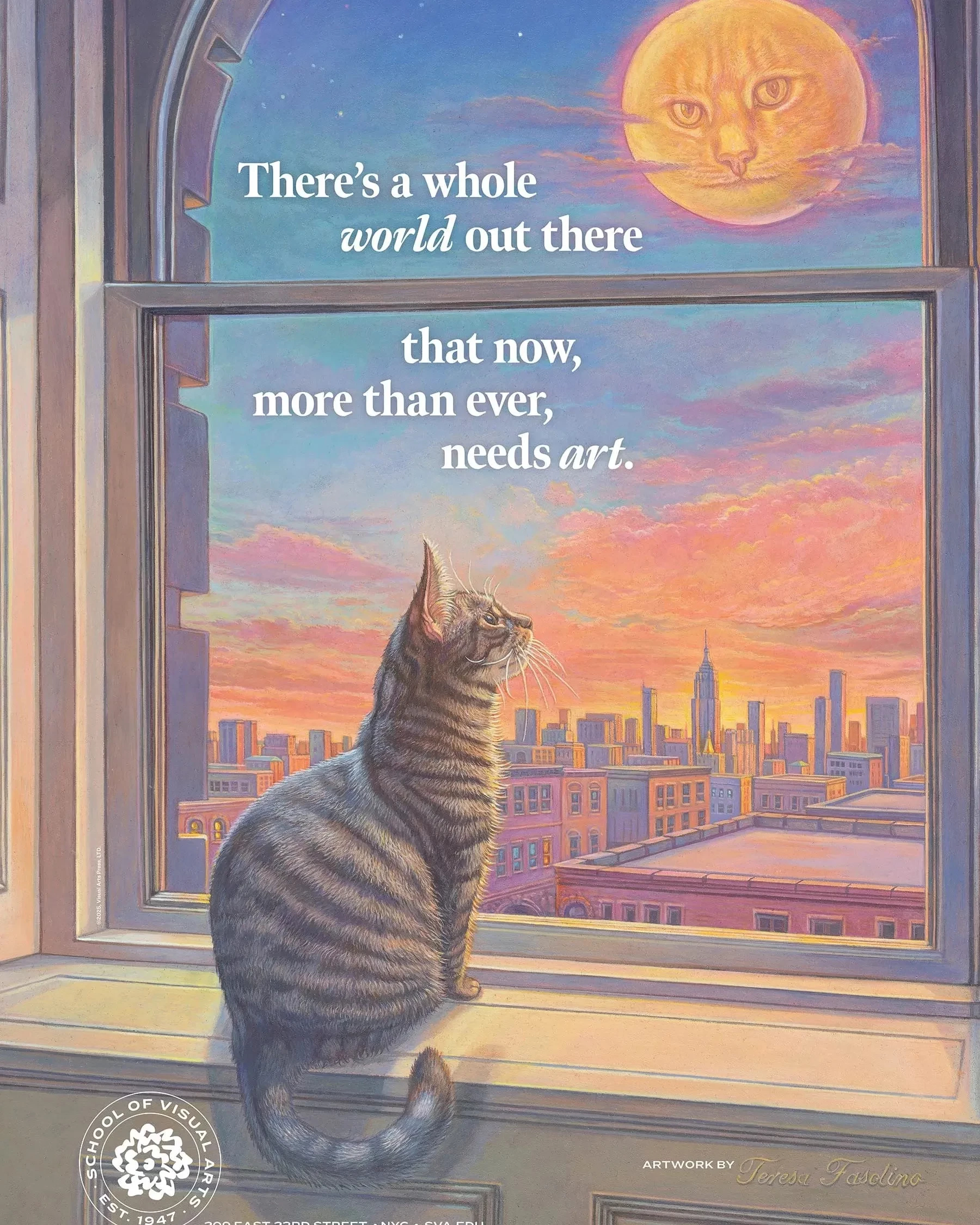  A cat gazes out a window, captivated by the bright moon in the night sky.