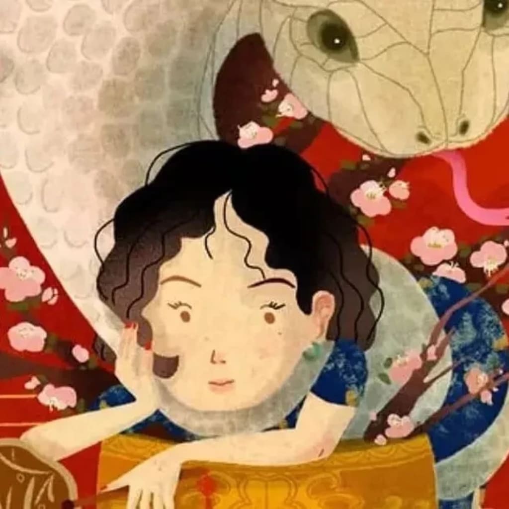 A young girl perches on a snake, cradling a bowl of food, creating an imaginative and playful atmosphere.