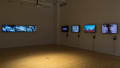 On the left are three screens hung in a horizontal row, end-to-end, playing abstract video work. On the wall to the right are four monitors playing reels of various video work.