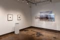 installation shot of framed images, photo book, and transparent image installation