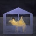 Two small sisters are riding a camel in the dark back to their home. 