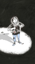 A girl with a backpack stands in a circle of light with rocks and bugs, surrounded by black, she is looking up with fear at something above her. 