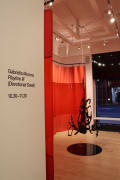 Installation shot showing a black plexiglass organic shape hanging from the middle of the room surrounded by a red curtain and a black plexi circle immediately beneath it.