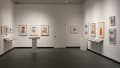 aStraight ahead, three similar collages depicting character-like designs hang in a row on one wall. On both the left and right perpendicular walls, more collages hang beside each other and wall-mounted vitrines hold more work.