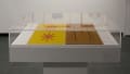  Inside of a glass vitrine, two prints sit side by side. On the left is a yellow paper with two red asterisk shapes, and on the right is a brown paper using punctuation symbols.