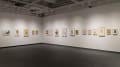 A view of the back gallery shows the many works in the exhibition hung in a row across the walls.