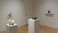 Close view of four 3D printed sculptures displayed on wall mounted ledges and standing pedestals.