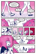 One big panel depicts two legs walking left to right. A panel of a young man squatting down between two bushes, exotic plants jutting out of them. A series of sequential panels depict a hand advancing towards an exotic flower. A young woman shouts. 2 sequential panels show a startled man and legs in the air and a thumbs up.